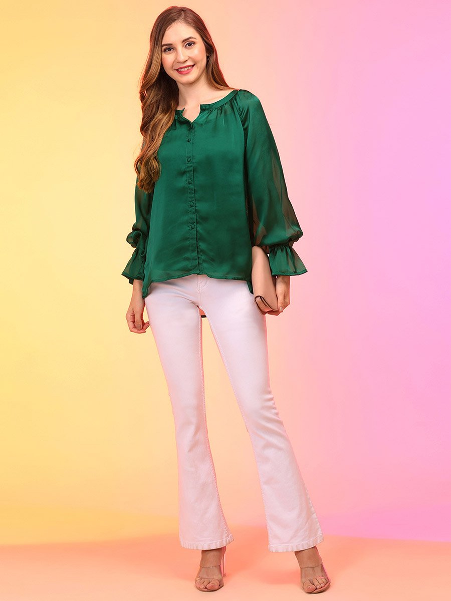 Satin Loose Fit Balloon Sleeves Buttoned Top