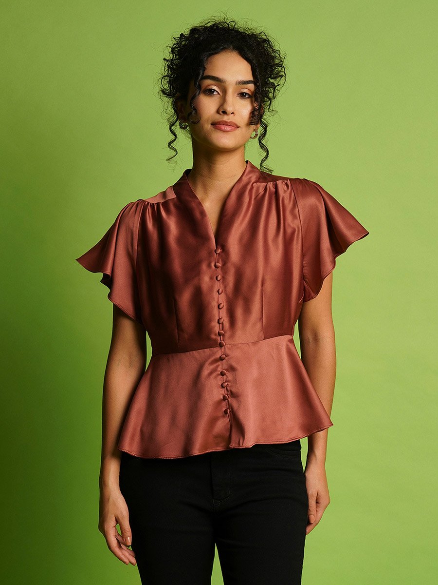 Solid Satin V-Neck Flute Sleeve Buttoned Top