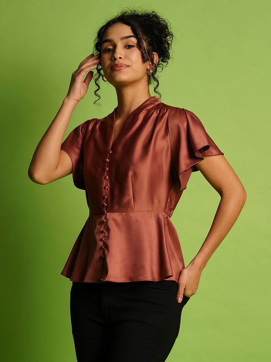 Solid Satin V-Neck Flute Sleeve Buttoned Top