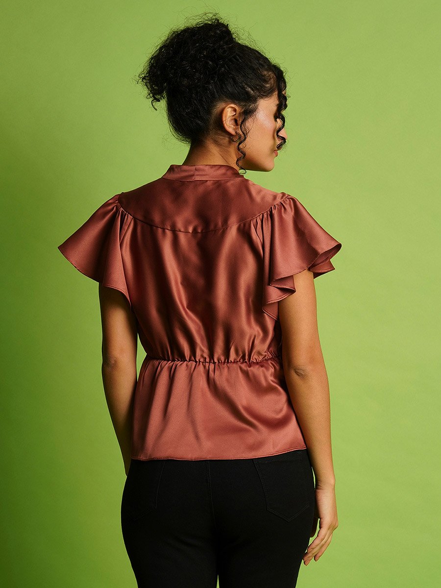 Solid Satin V-Neck Flute Sleeve Buttoned Top