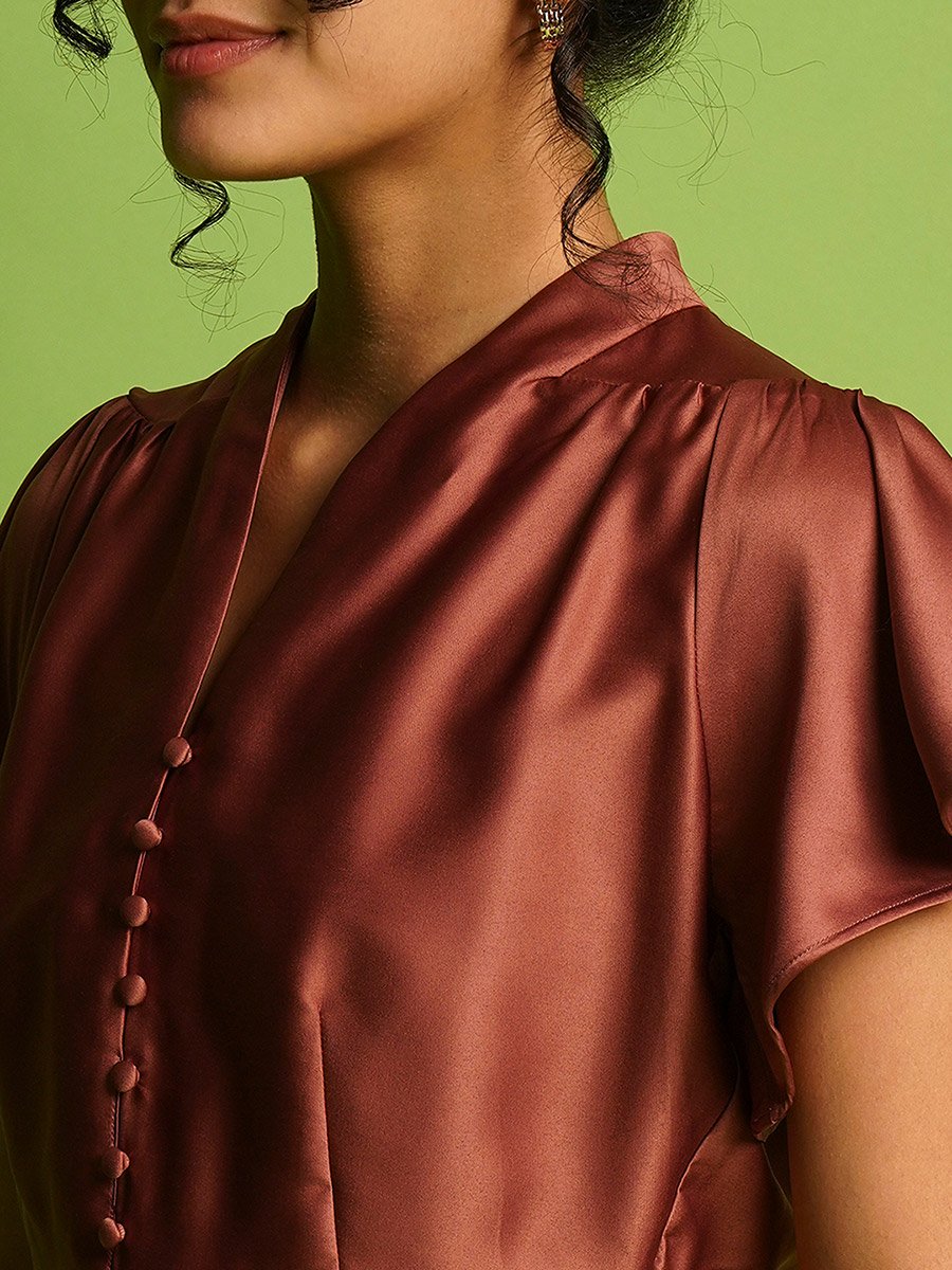 Solid Satin V-Neck Flute Sleeve Buttoned Top