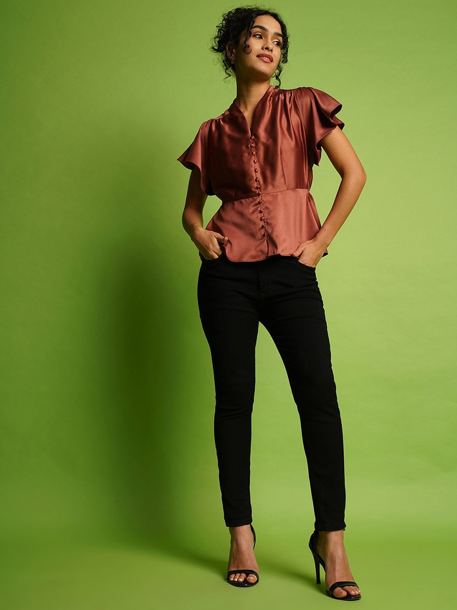 Solid Satin V-Neck Flute Sleeve Buttoned Top
