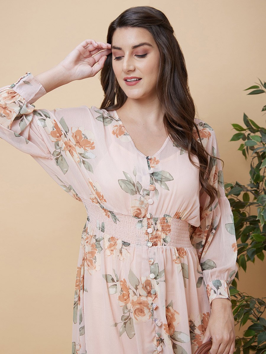 Floral Printed Smocked Detail A-Line Midi Dress