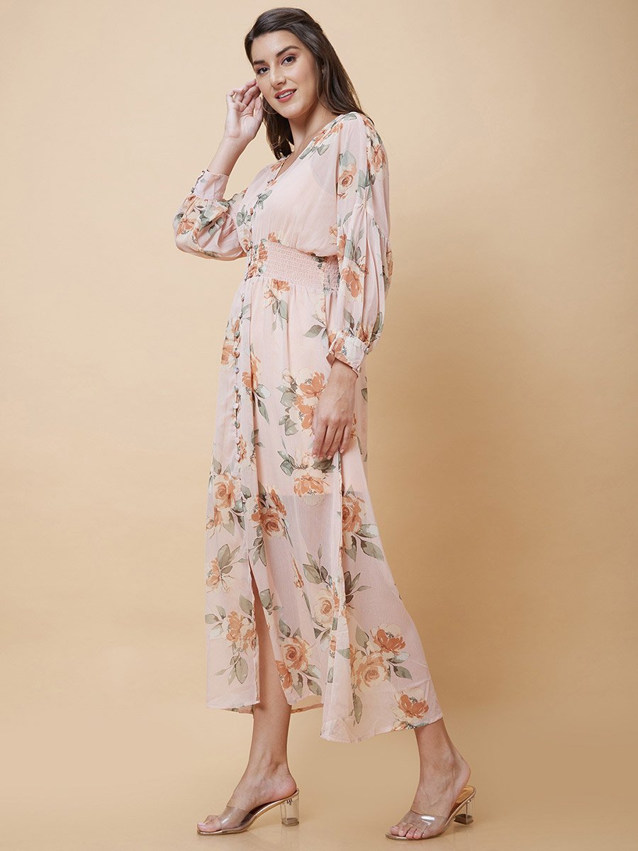 Floral Printed Smocked Detail A-Line Midi Dress