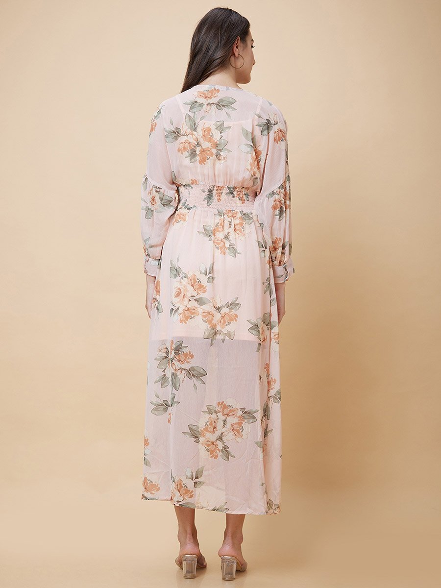 Floral Printed Smocked Detail A-Line Midi Dress