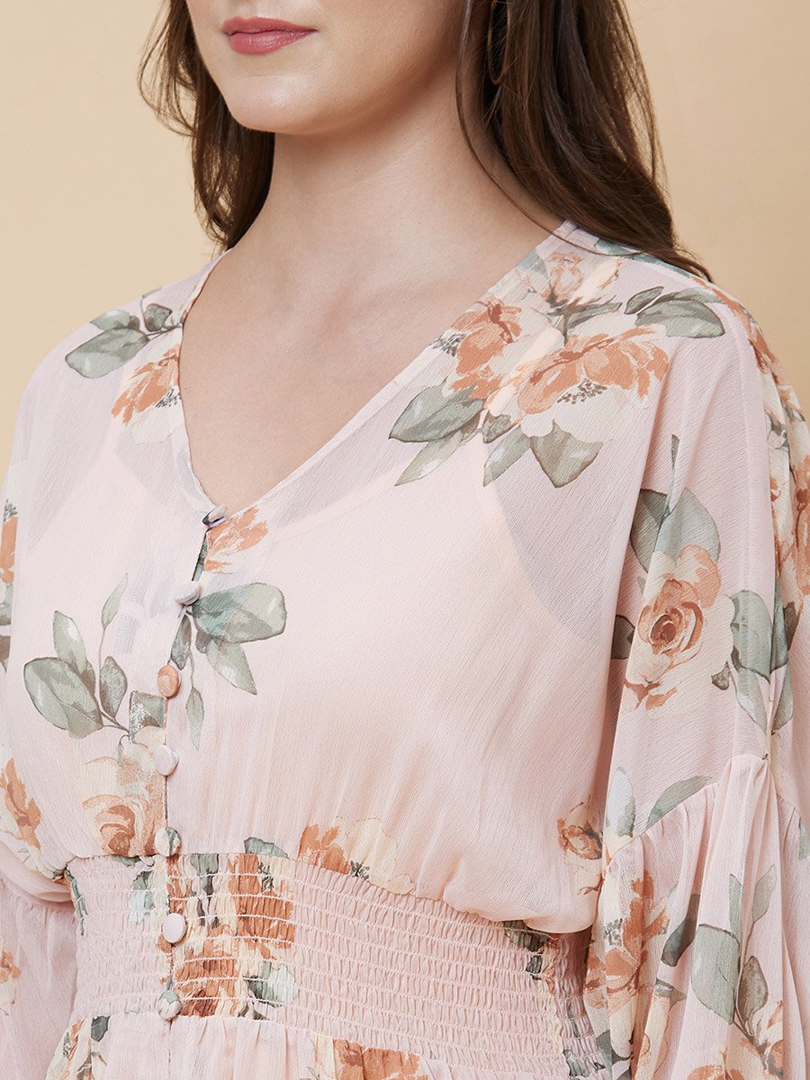 Floral Printed Smocked Detail A-Line Midi Dress