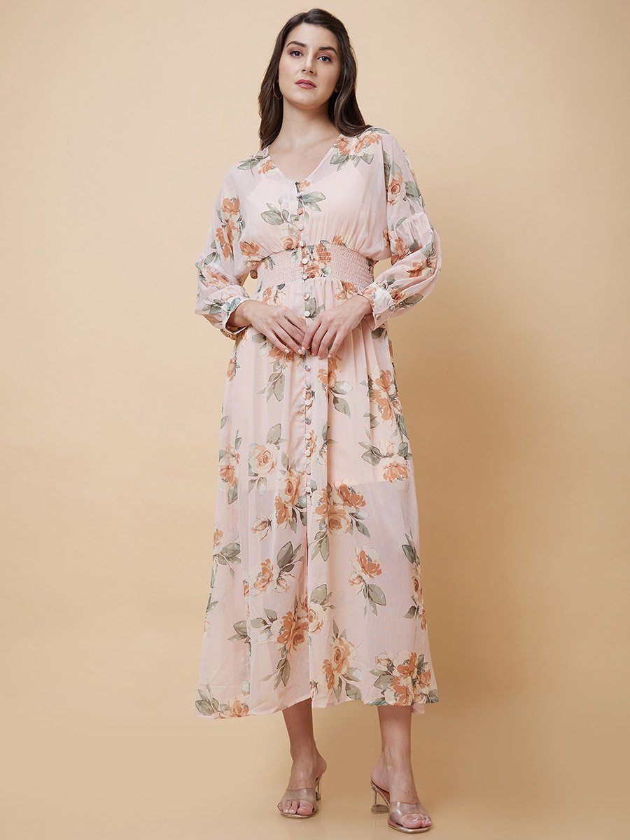 Floral Printed Smocked Detail A-Line Midi Dress