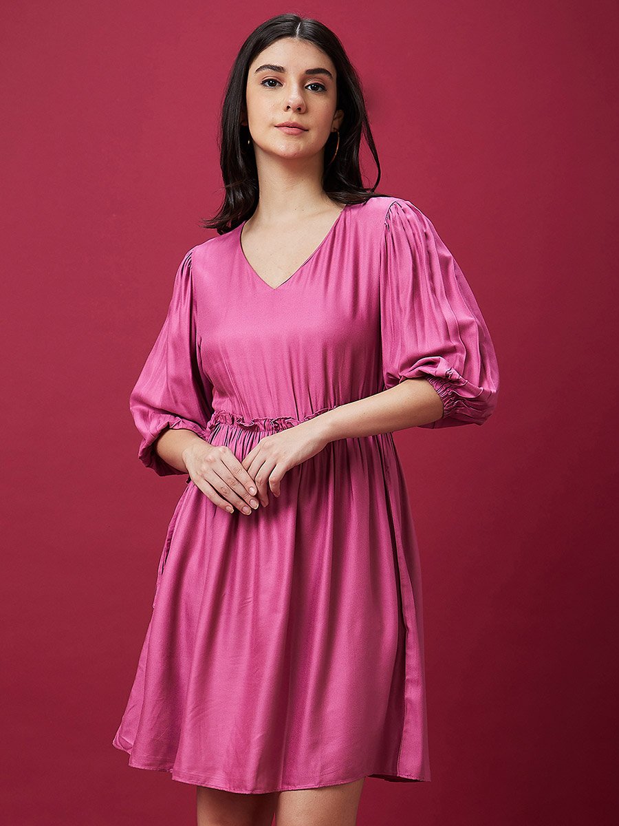 Puff Sleeve Gathered Detail Mini Dress
