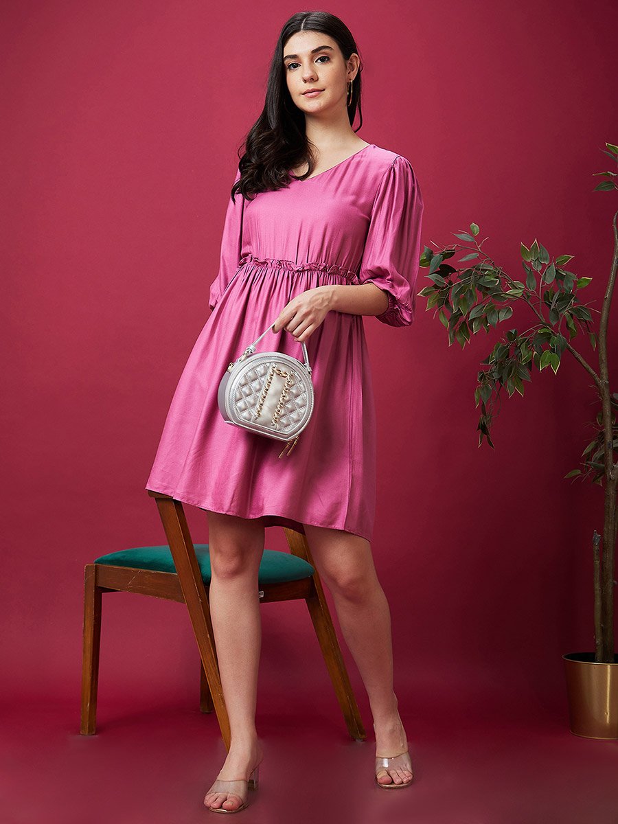 Puff Sleeve Gathered Detail Mini Dress