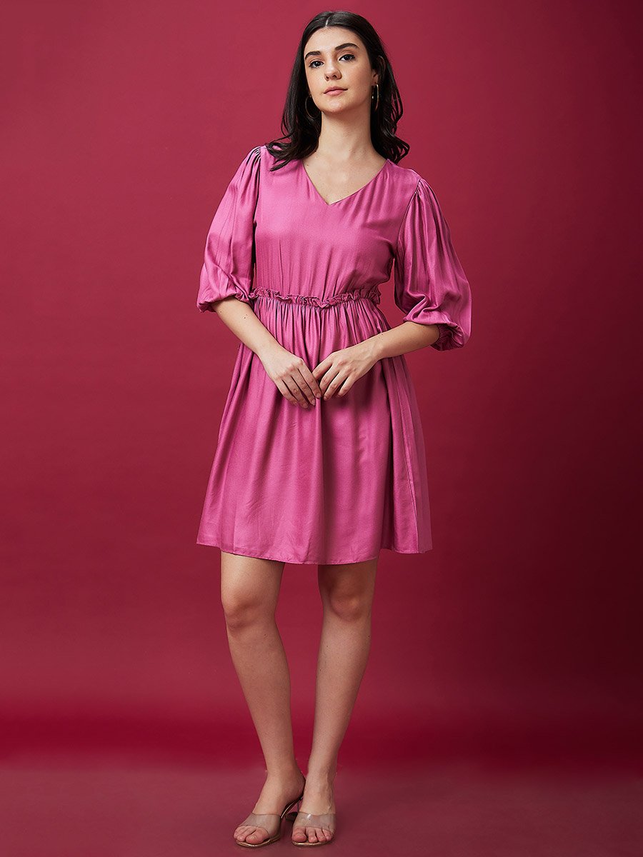 Puff Sleeve Gathered Detail Mini Dress
