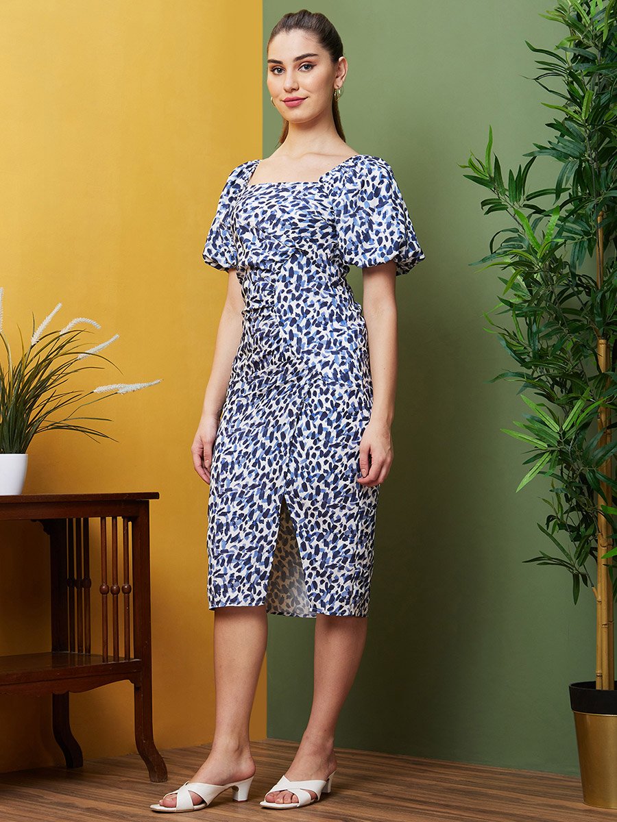 All-Over Print Square Neck Puff Sleeves Sheath Midi Dress