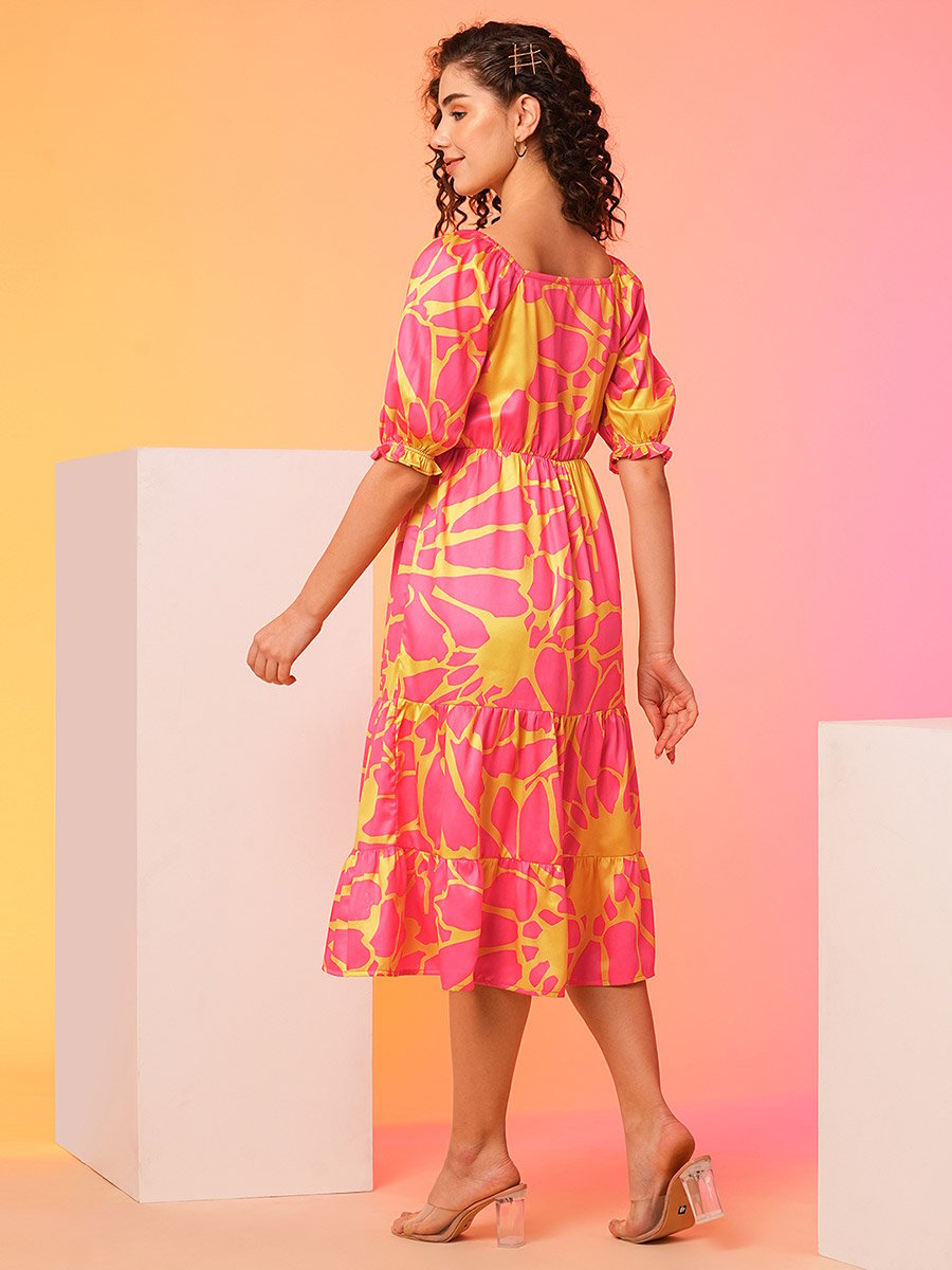 All-Over Floral Print Puff Sleeve Midi Dress