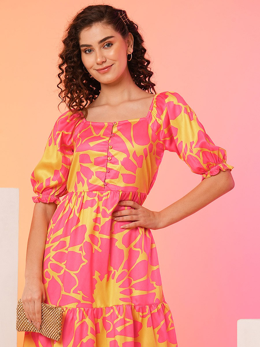 All-Over Floral Print Puff Sleeve Midi Dress