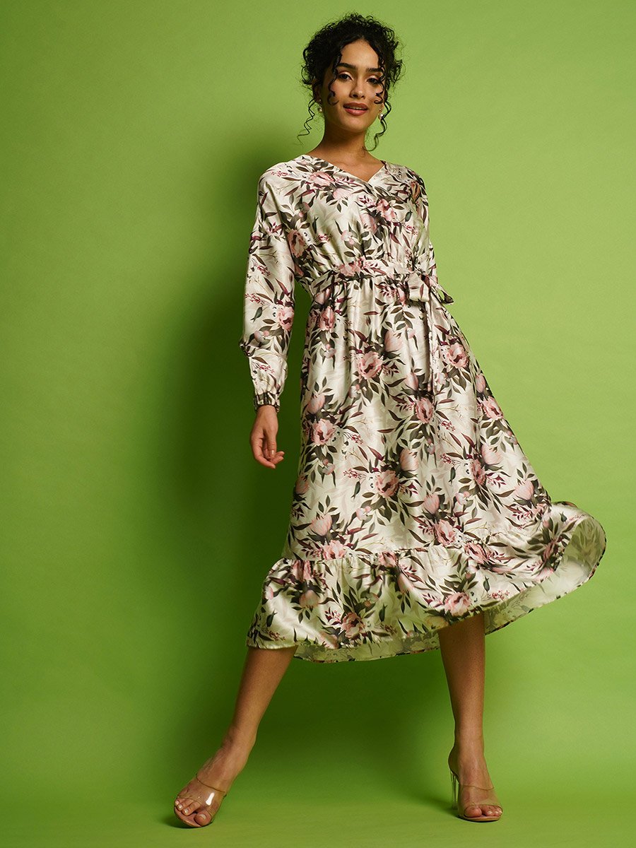 All-Over Print Wrap V-Neck Neck Midi Dress with Waist Tie-Up