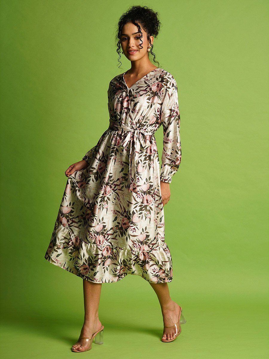 All-Over Print Wrap V-Neck Neck Midi Dress with Waist Tie-Up