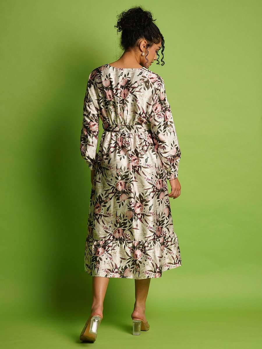 All-Over Print Wrap V-Neck Neck Midi Dress with Waist Tie-Up