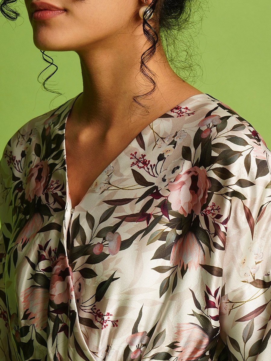 All-Over Print Wrap V-Neck Neck Midi Dress with Waist Tie-Up