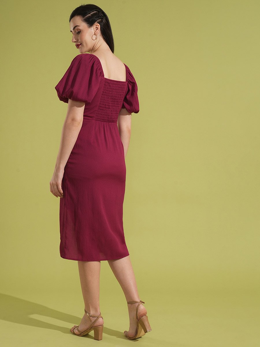 Solid Gathered Square Neck Puff Sleeves Midi Dress