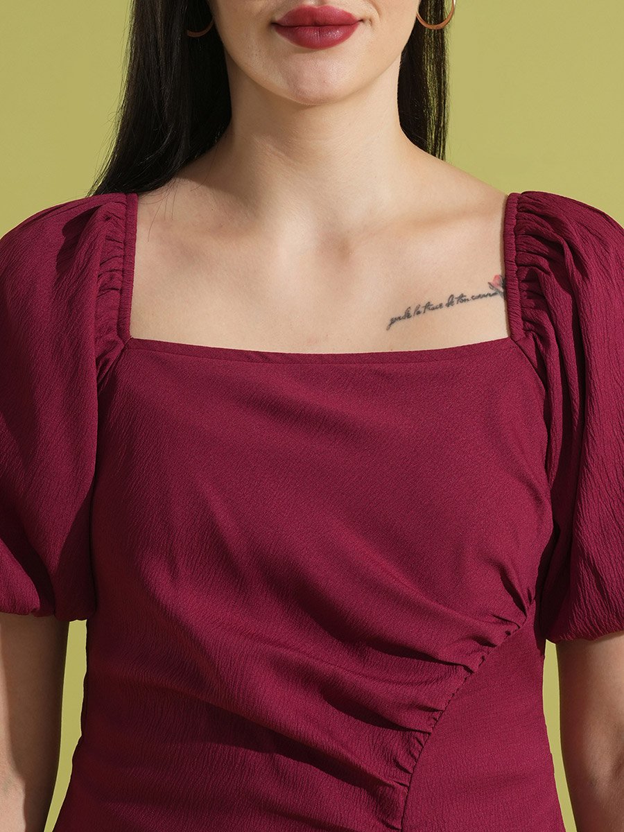 Solid Gathered Square Neck Puff Sleeves Midi Dress
