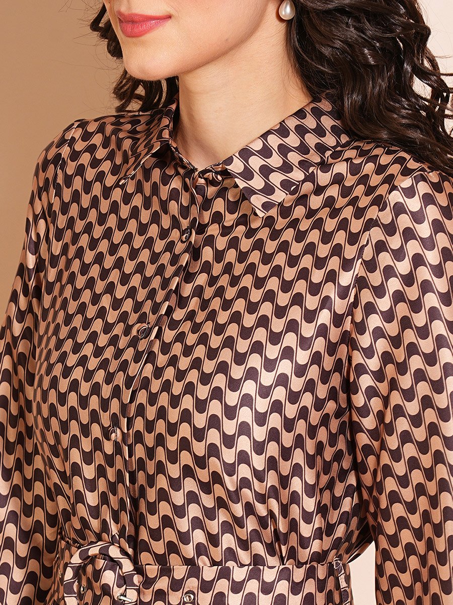 All-Over Print Spread Collar A-Line Shirt Midi Dress