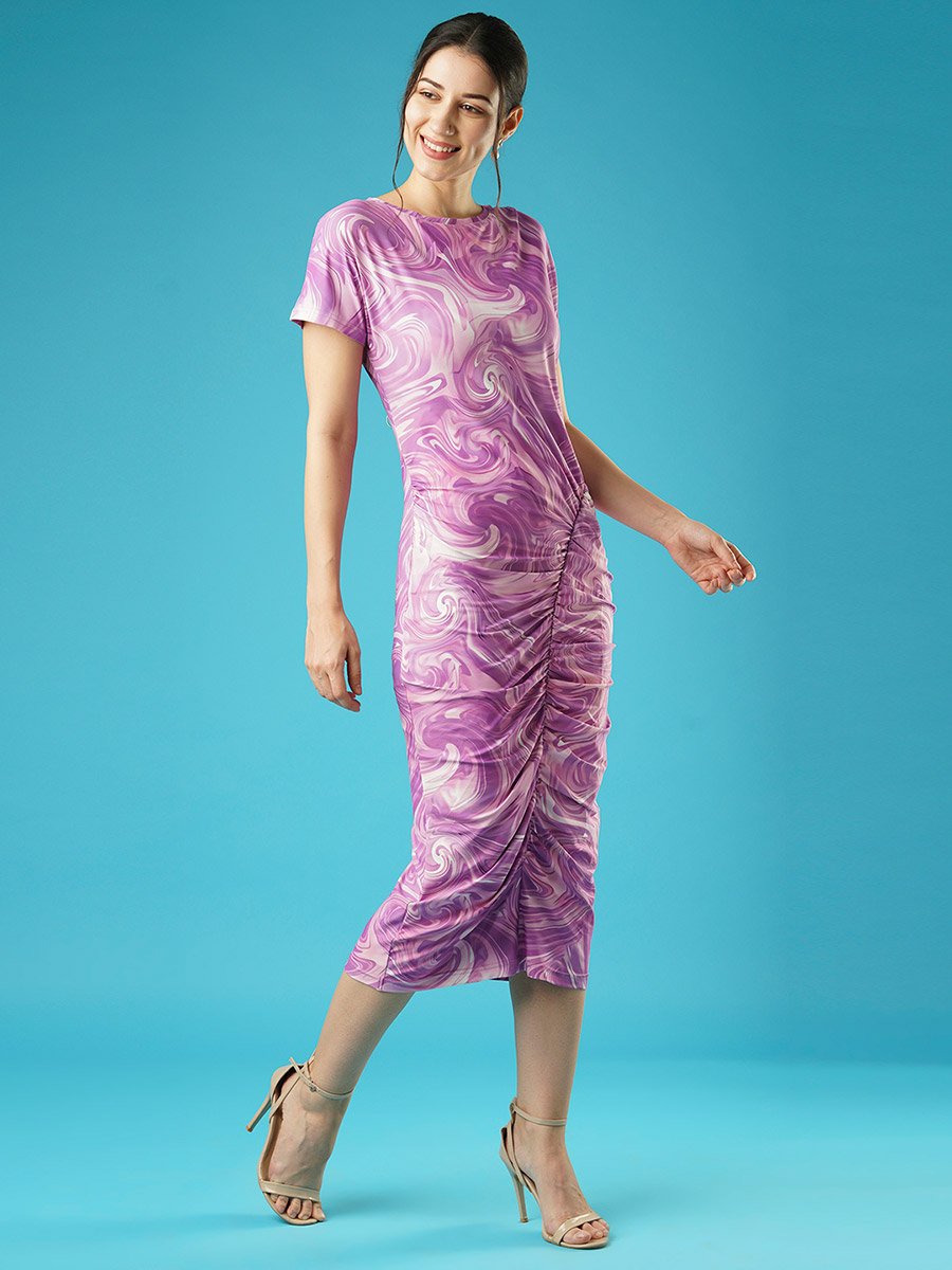 Abstract Printed Ruched Bodycon Midi Dress