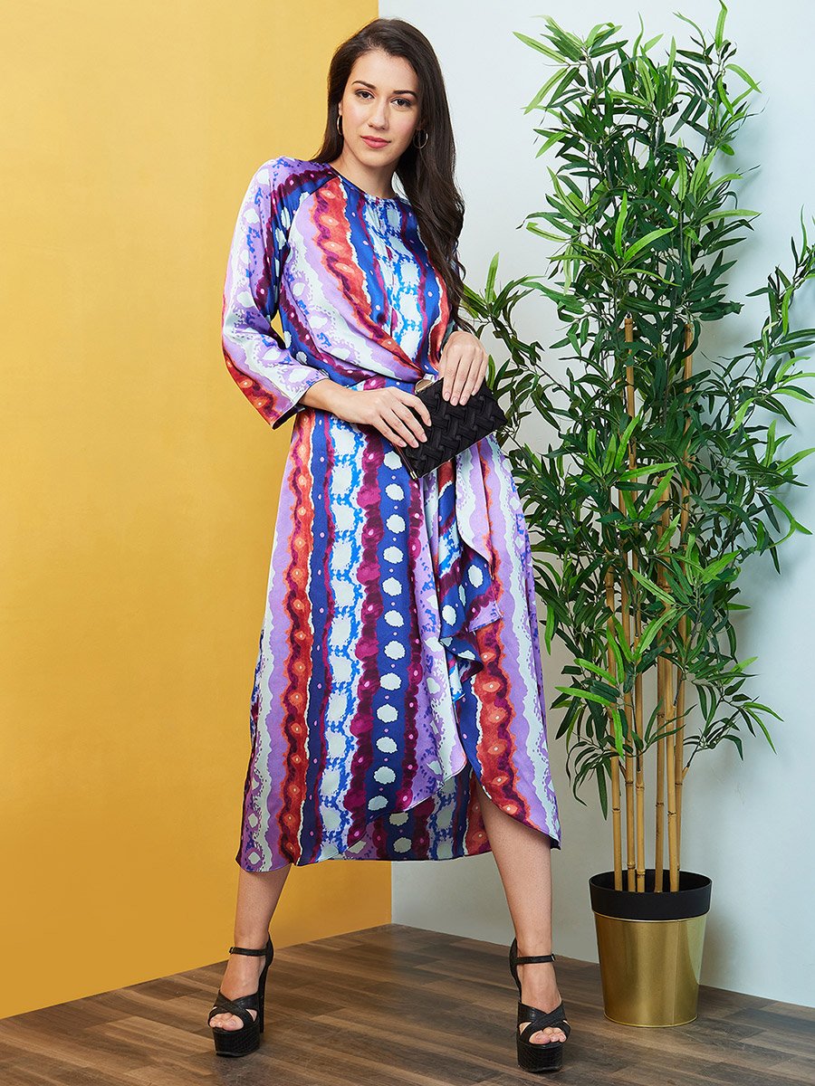 Abstract Print Waist Tie Up Midi Dress