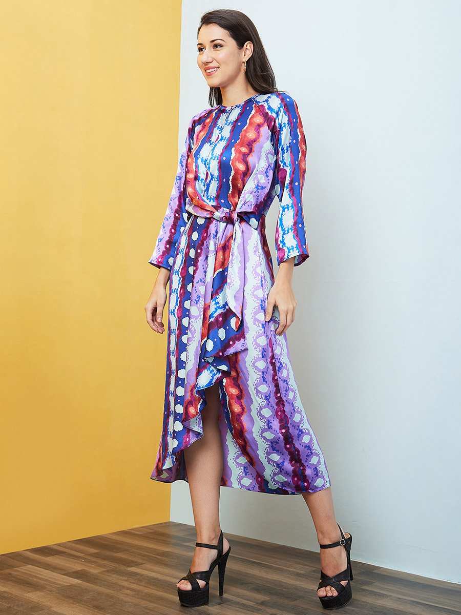 Abstract Print Waist Tie Up Midi Dress