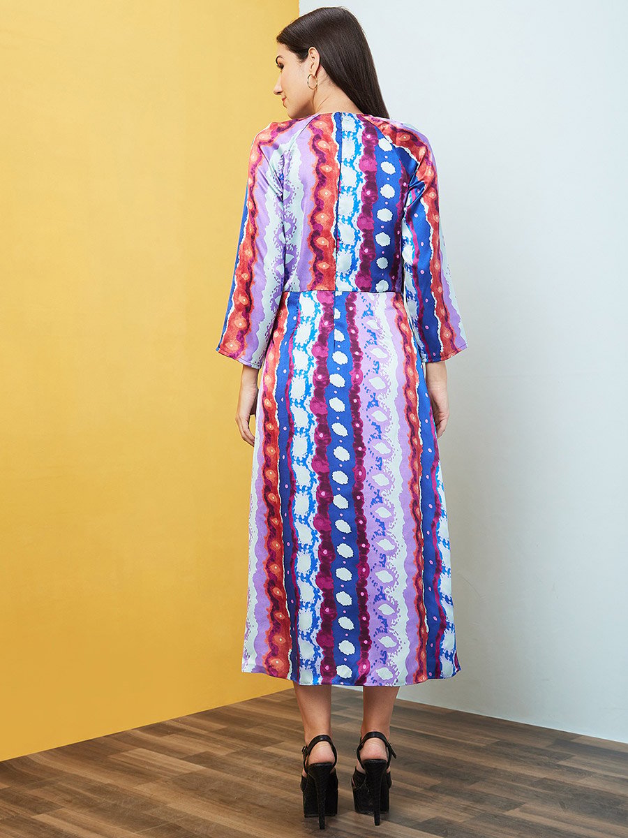 Abstract Print Waist Tie Up Midi Dress
