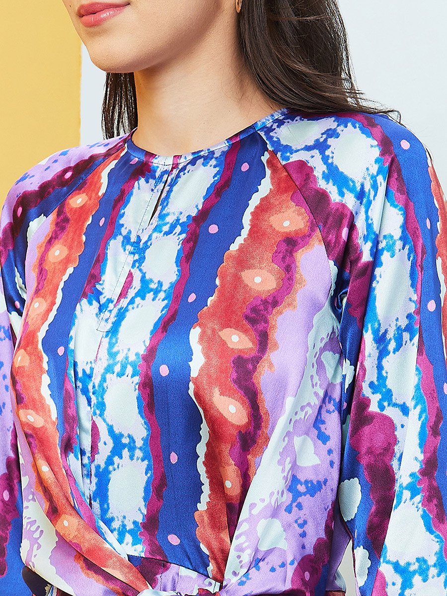 Abstract Print Waist Tie Up Midi Dress