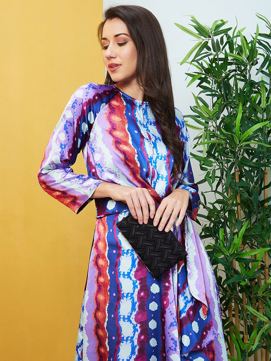 Abstract Print Waist Tie Up Midi Dress