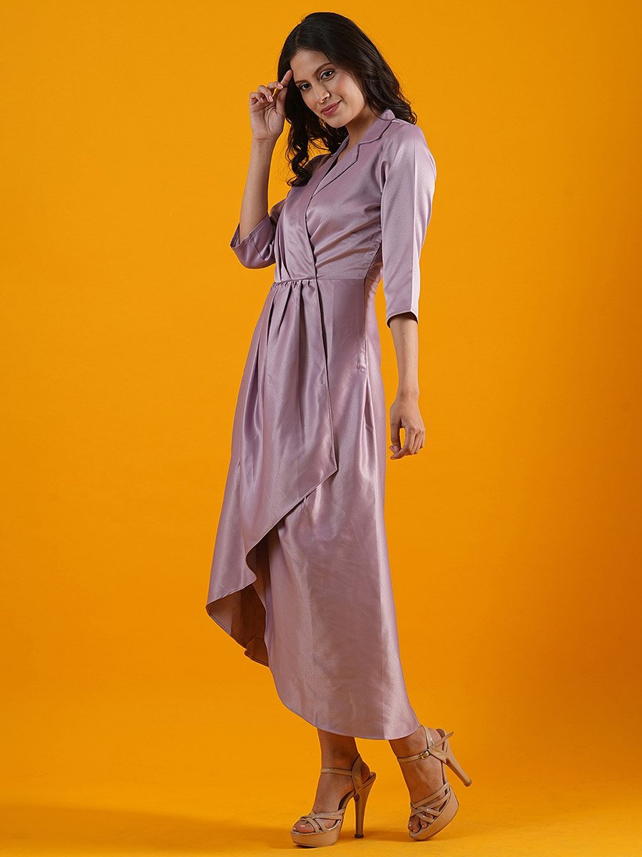 Notch Lapel Collar Pleated Tulip Hem Wrap Midi Dress For Women at Kuwait |  Styli