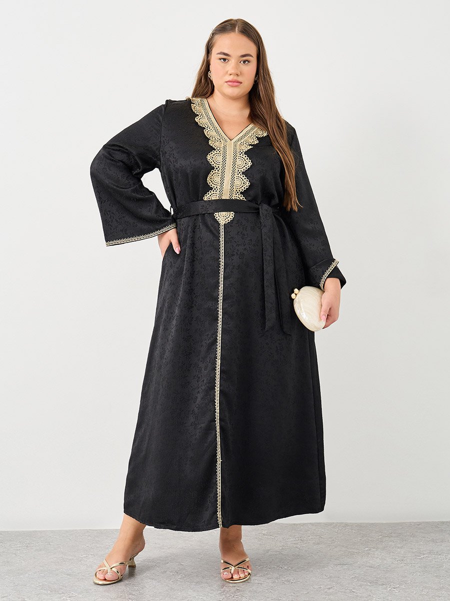 Plus Jacquard Jalabiya with Tie Belt