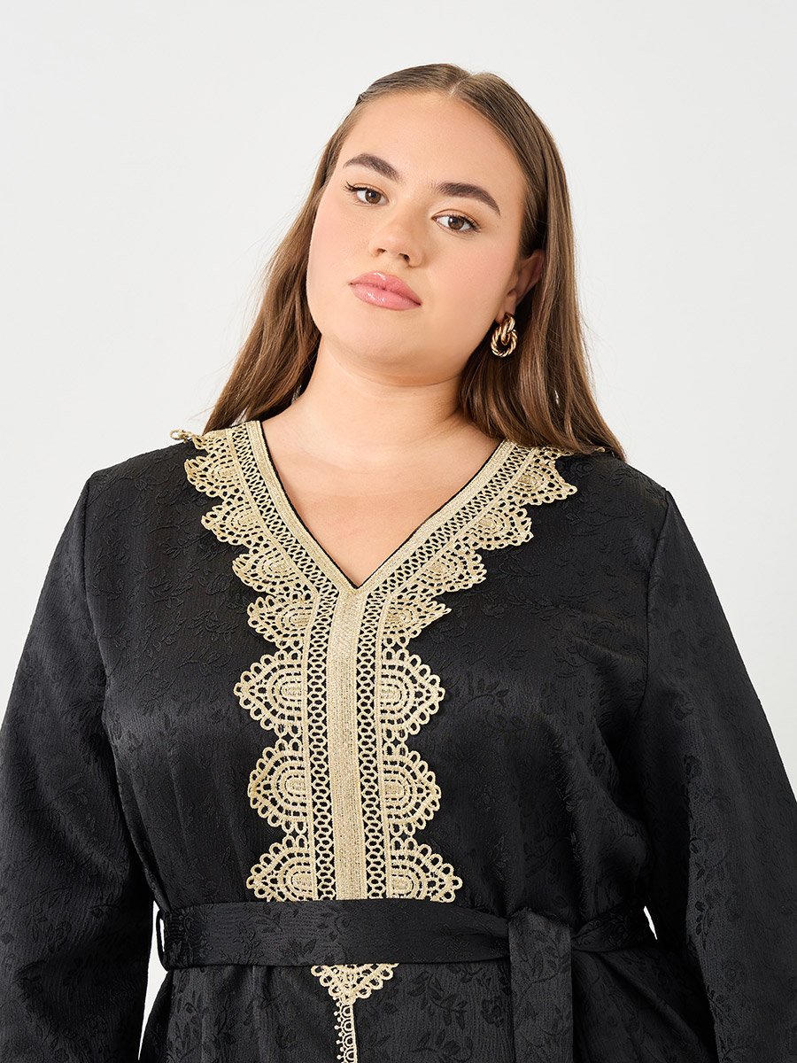 Plus Jacquard Jalabiya with Tie Belt
