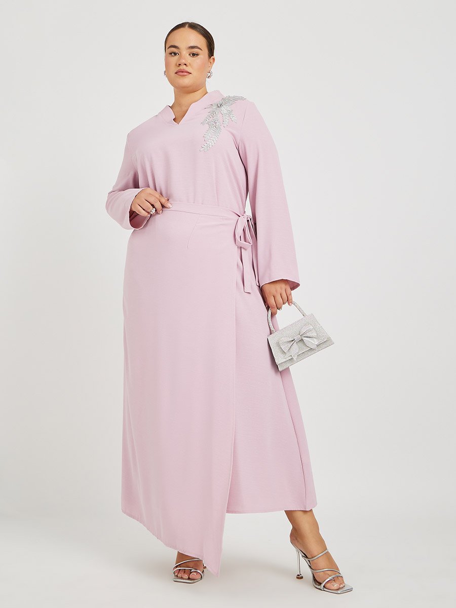 Plus Size Solid Collared Wrap Look Jalabiya with Lace Patch Detail