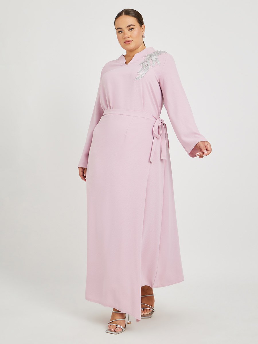 Plus Size Solid Collared Wrap Look Jalabiya with Lace Patch Detail
