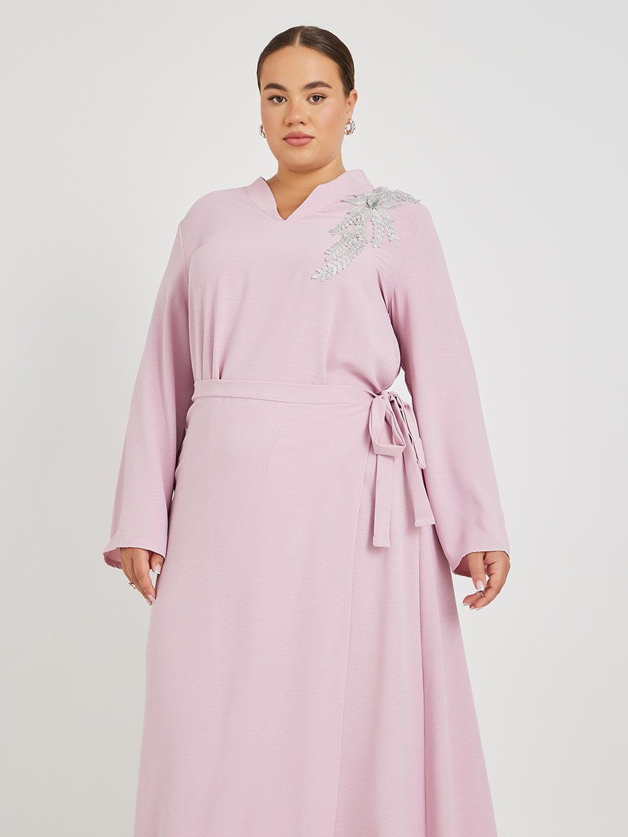 Plus Size Solid Collared Wrap Look Jalabiya with Lace Patch Detail