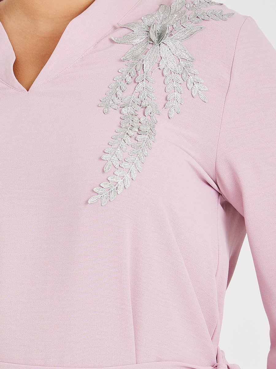 Plus Size Solid Collared Wrap Look Jalabiya with Lace Patch Detail