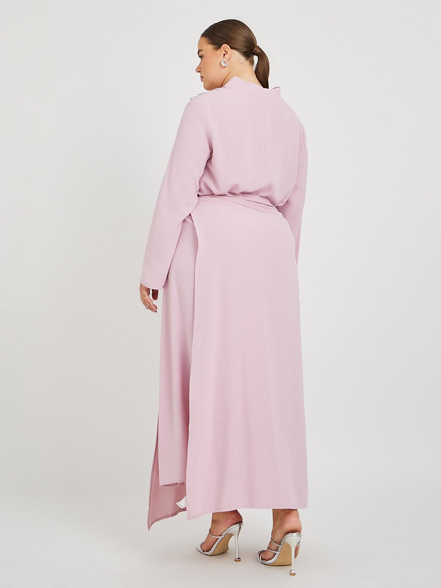 Plus Size Solid Collared Wrap Look Jalabiya with Lace Patch Detail