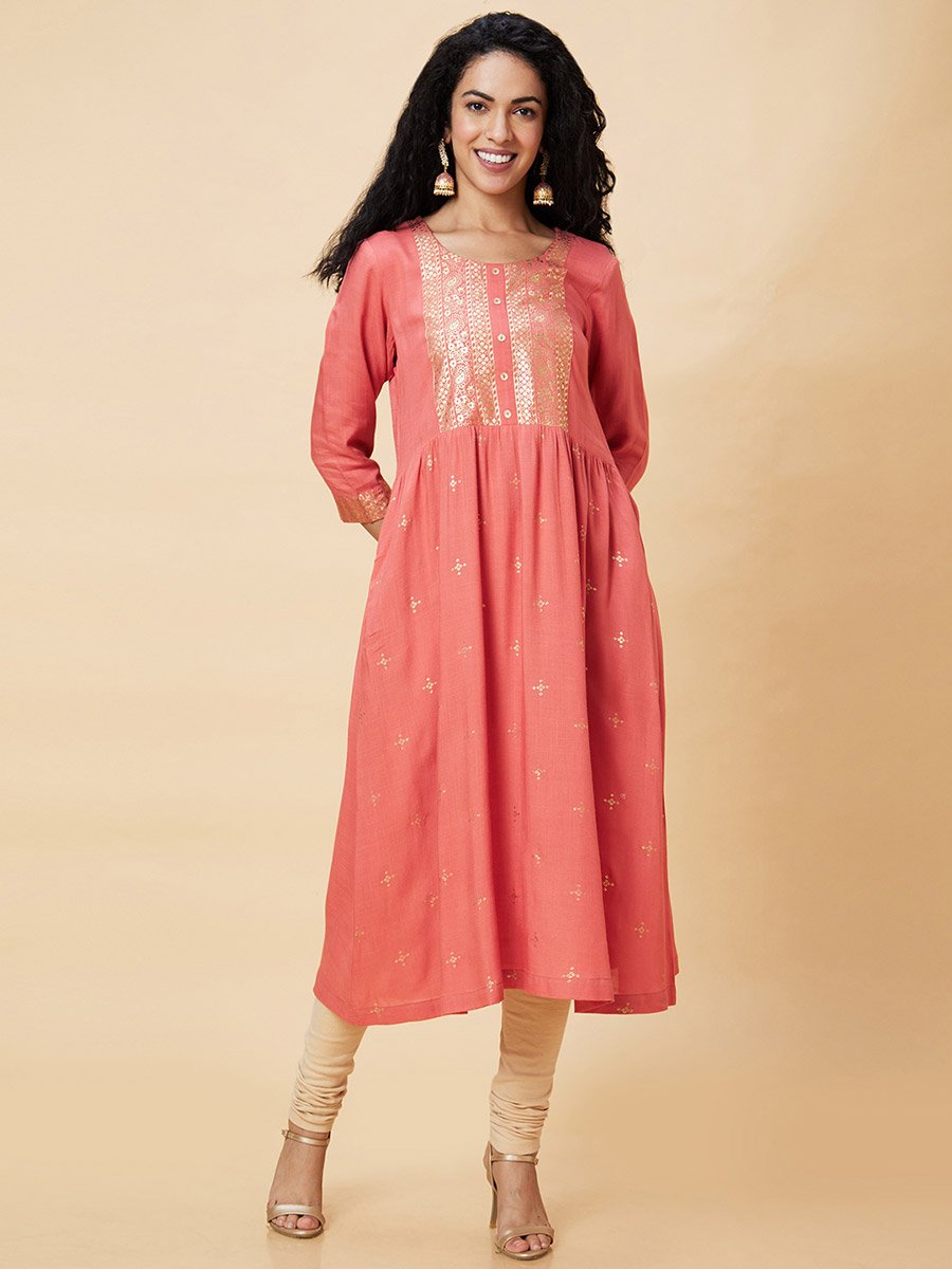 Foil Print Round Neck A-Line Kurta