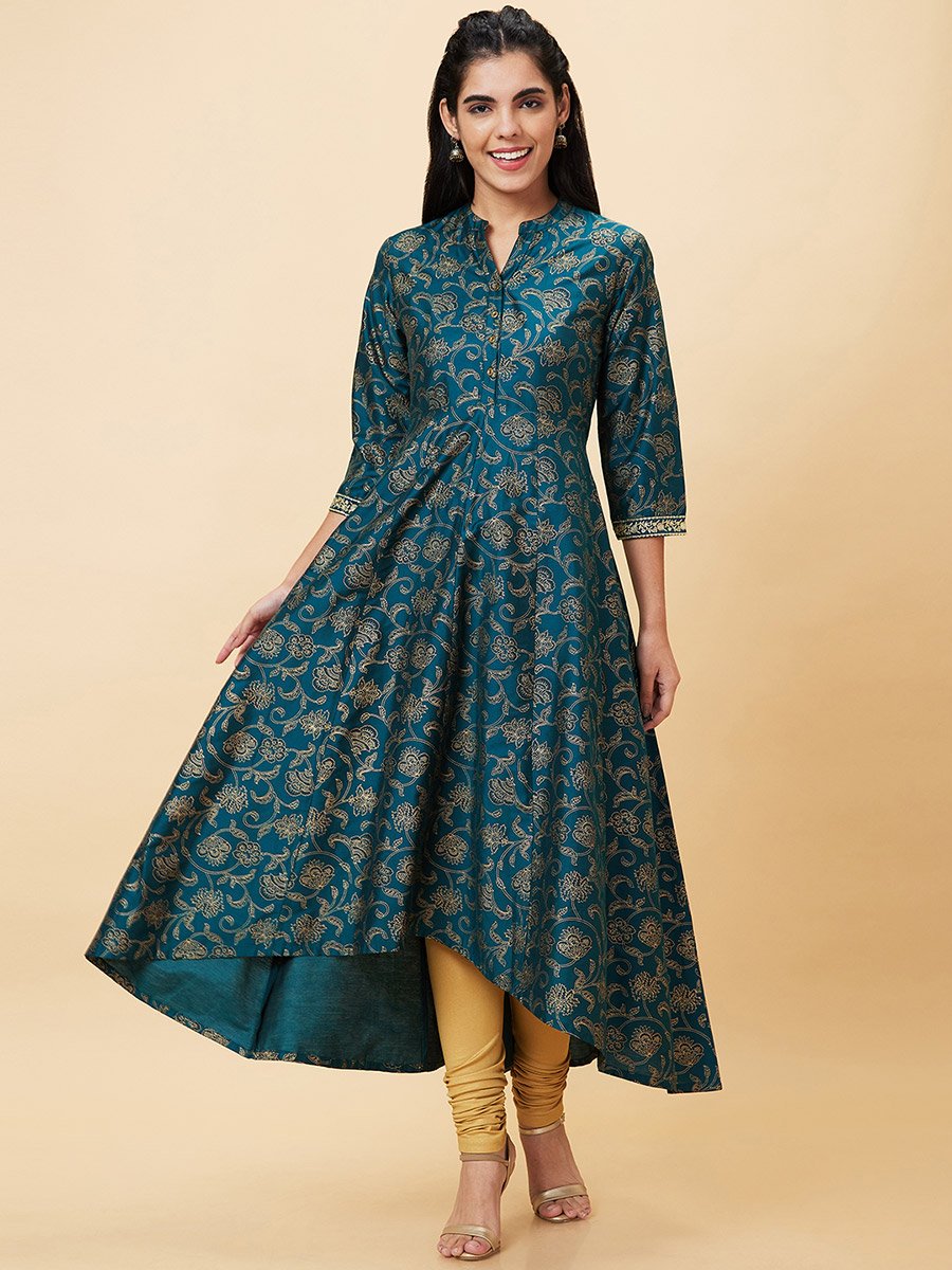 All-Over Print Mandarin Collar A-Line Kurta