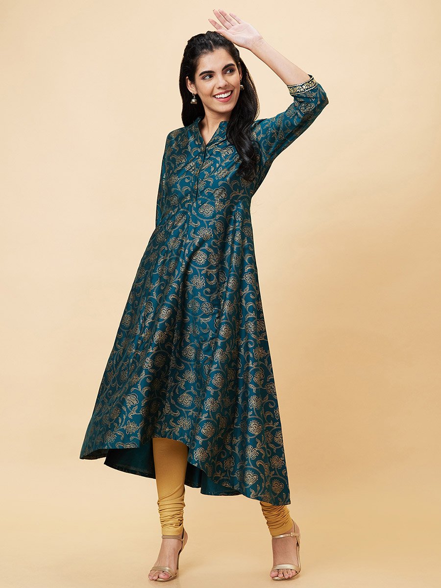 All-Over Print Mandarin Collar A-Line Kurta