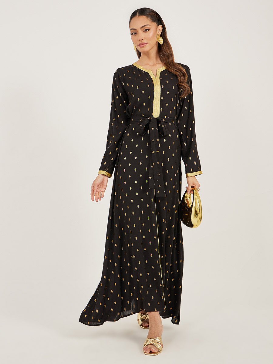 Foil Print Lace Detail Satin Jalabiya with Belt