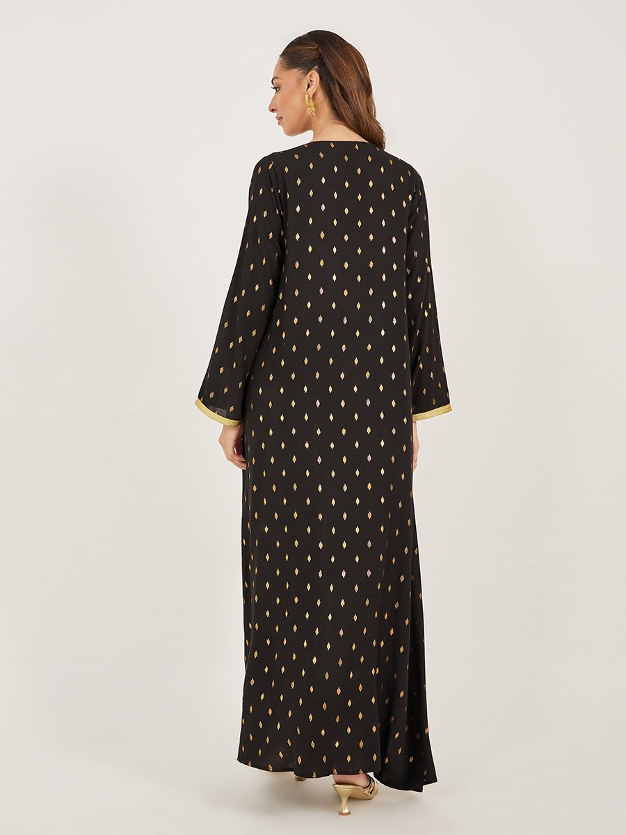 Foil Print Lace Detail Satin Jalabiya with Belt