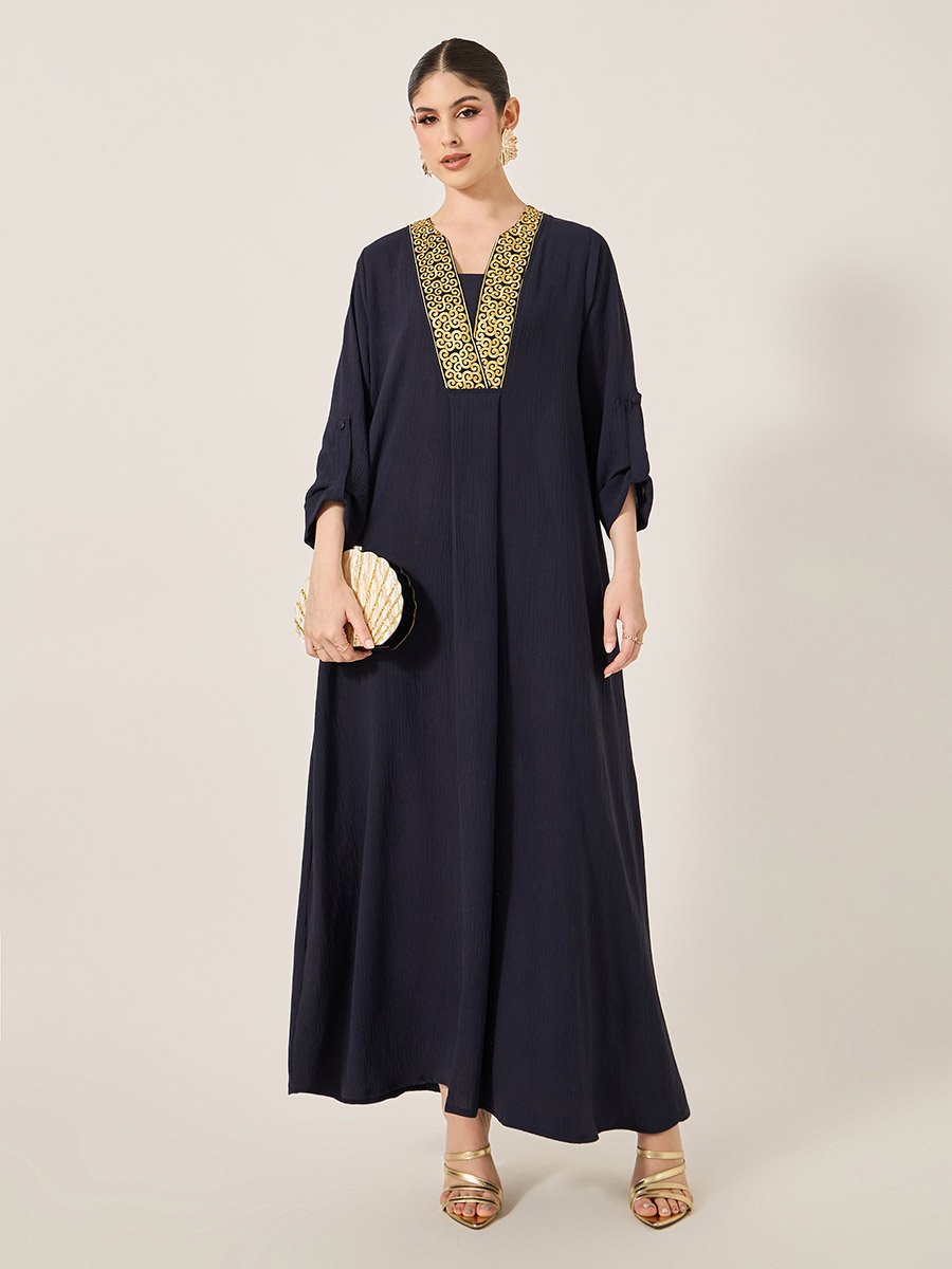 Embroidered V-Neck A-Line Jalabyia