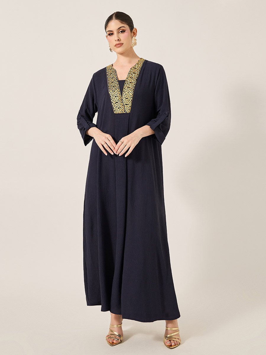 Embroidered V-Neck A-Line Jalabyia