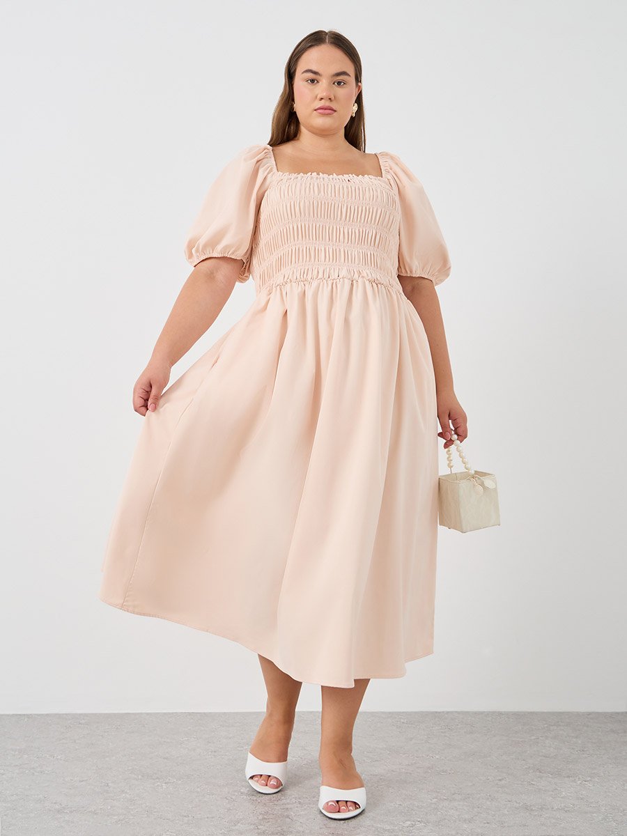 Plus Size Puff Sleeve Smocked Detail A-Line Midi Dress