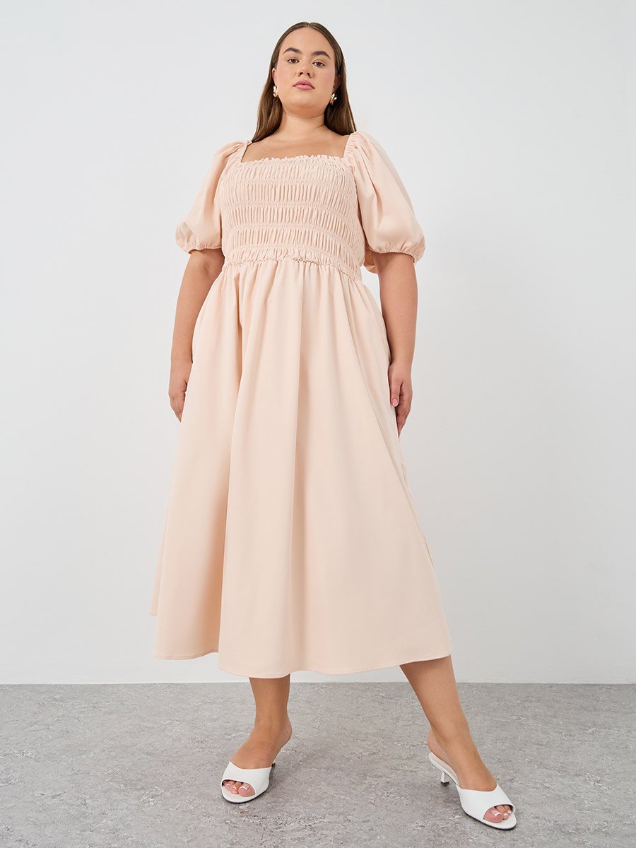 Plus Size Puff Sleeve Smocked Detail A-Line Midi Dress