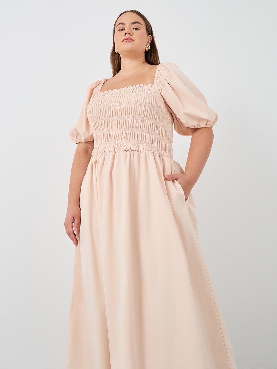 Plus Size Puff Sleeve Smocked Detail A-Line Midi Dress