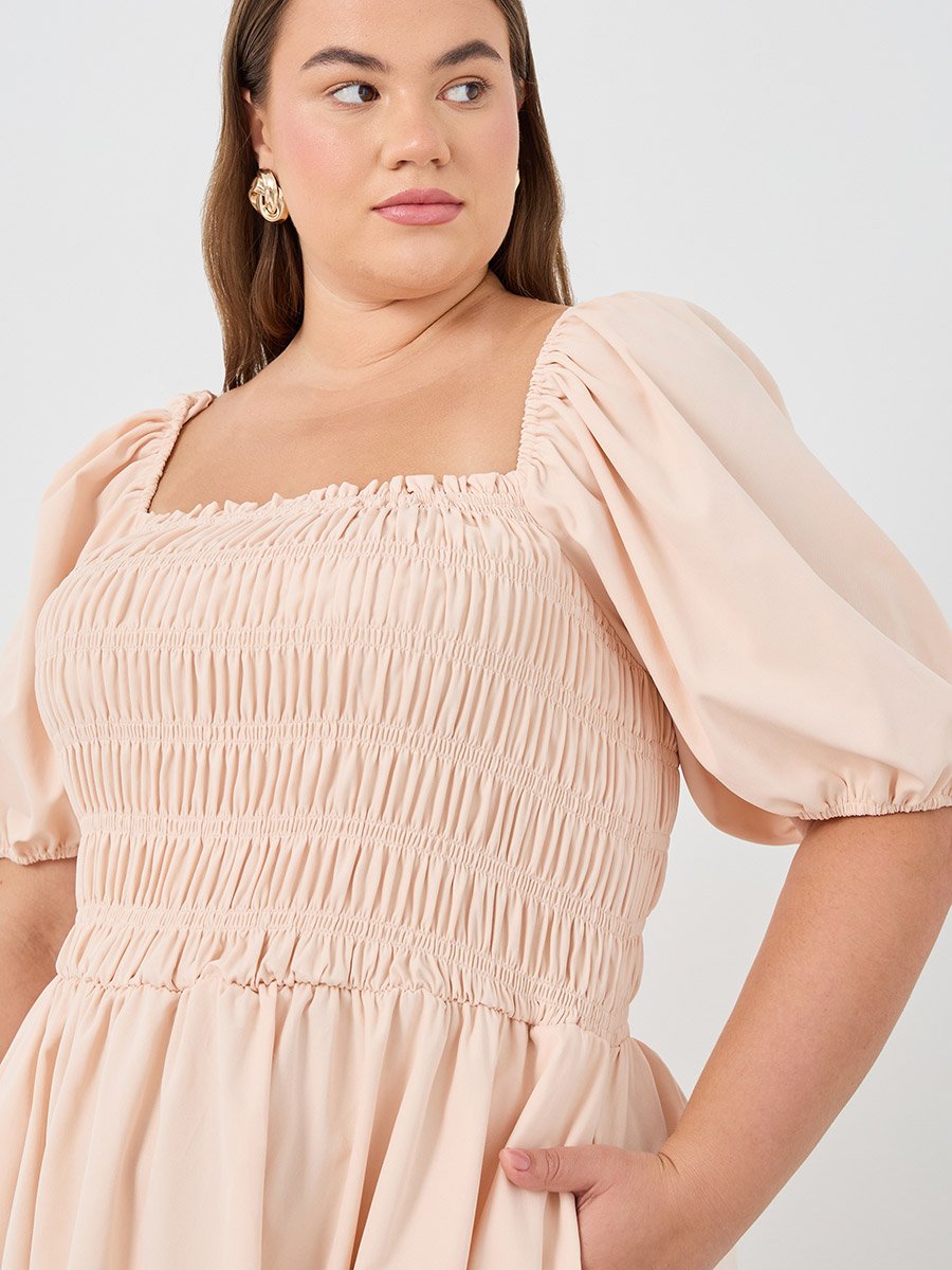 Plus Size Puff Sleeve Smocked Detail A-Line Midi Dress