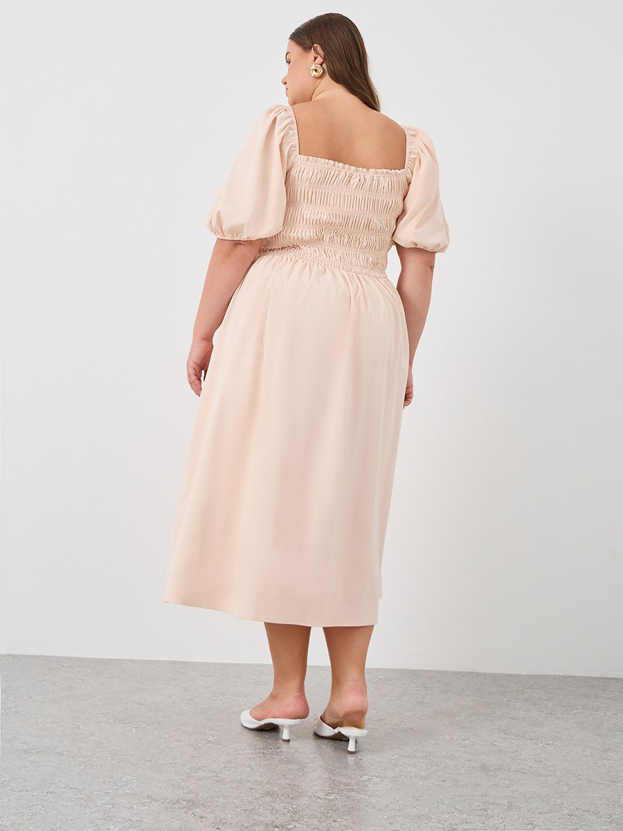 Plus Size Puff Sleeve Smocked Detail A-Line Midi Dress